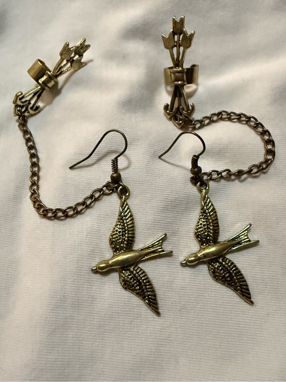 Gold Tone Mockingjay Dangle Pierced Post Earrings w/ Chain Ear Cuff, no stone